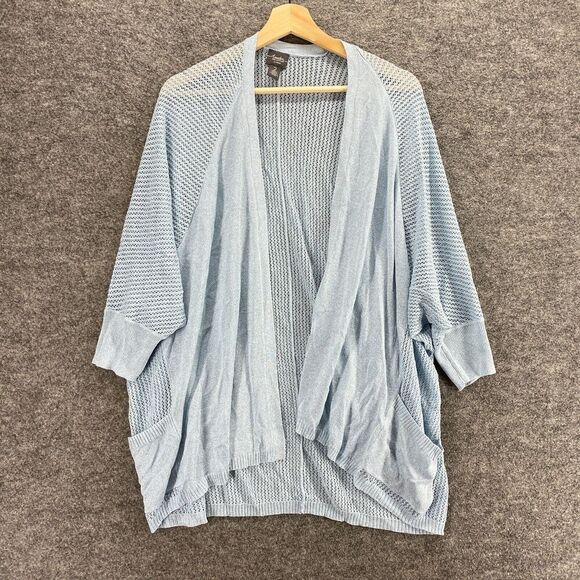 Chico's Top Women 2 Blue Crochet Travelers Open Front 3/4 Sleeve Pockets Rayon - Picture 1 of 9